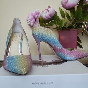 Jessica Simpson rainbow multi color shoe size 8m blue,pink, yellow 4 inch heel.